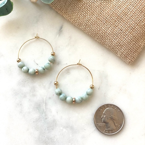 Turquoise and gold beaded gold Bohemian gold hoops - Picture 3 of 3